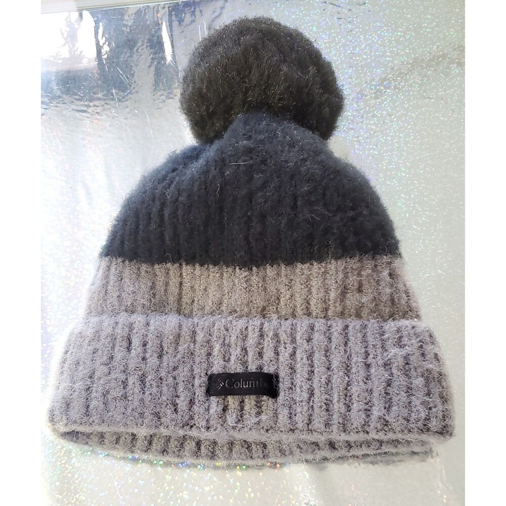 Columbia Pom Pom Winter Hat Black & Gray Knit Beanie Puzzy Puffball Warm Unisex